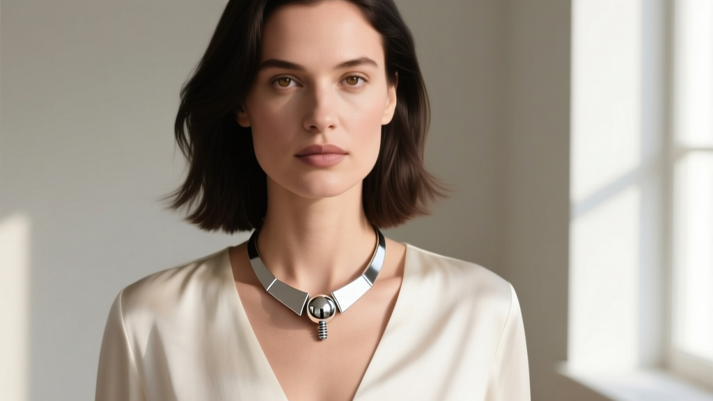 Woman wearing a rigid sterling silver Cape Cod necklace with a polished screw-on ball centerpiece resting on her collarbone