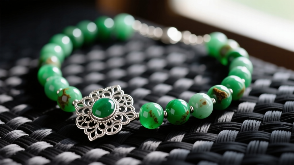 Close-up of a Guatemalan wedding necklace with Maya green jadeite beads and a silver filigree clasp resting on dark woven fabric.