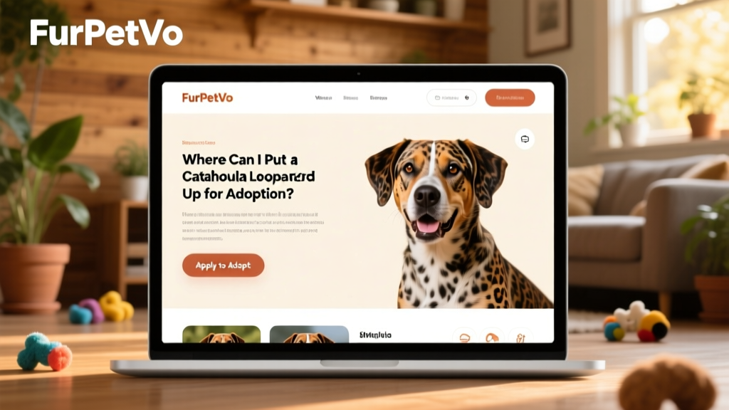 Screenshot-style mockup of the FurPetVo website showing a Catahoula Leopard Dog profile with photos, bio, and 'Apply to Adopt' button