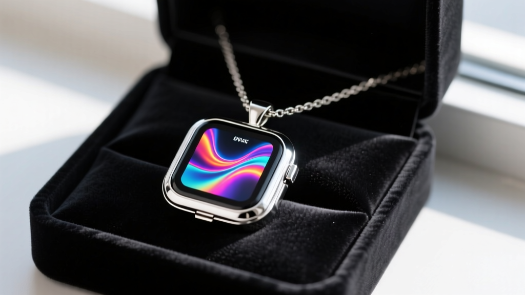 Silver digital smart locket necklace displaying a vibrant looping GIF on a tiny OLED screen, resting on a dark velvet jewelry box.