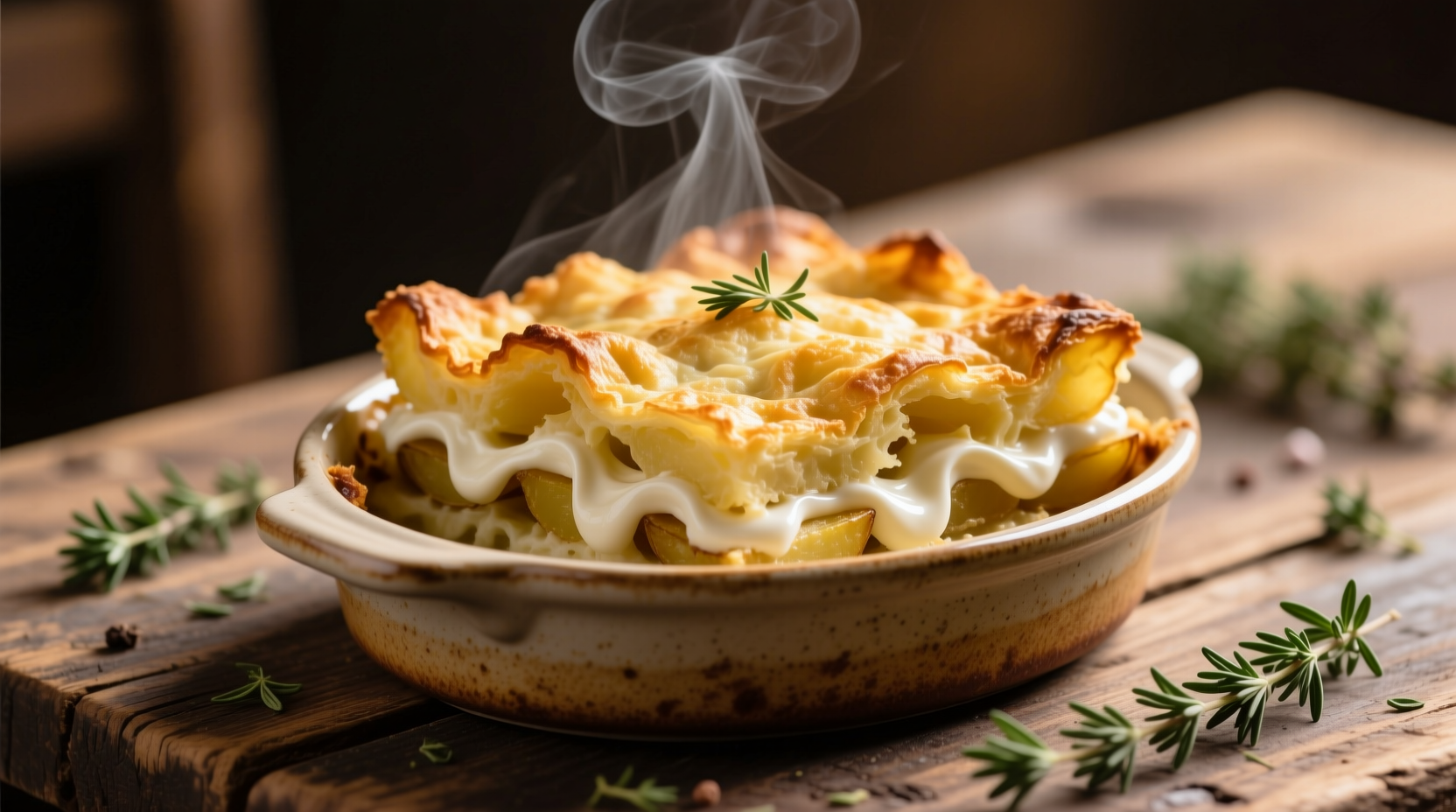 Golden potato bake with sour cream in ceramic dish