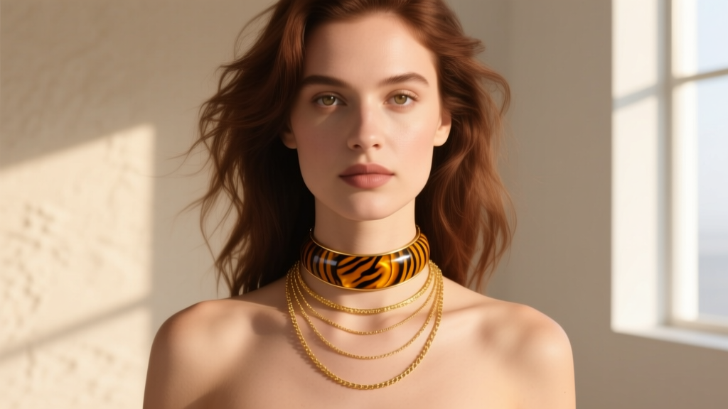 Model wearing a layered necklace stack with a raw tiger eye gold choker and delicate 14k chain, shot in warm natural sunlight.