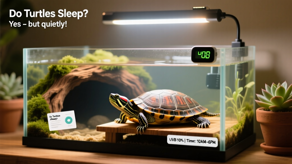 A well-structured turtle tank with basking dock, submerged cave, clean water, and timer-controlled LED/UVB lighting setup