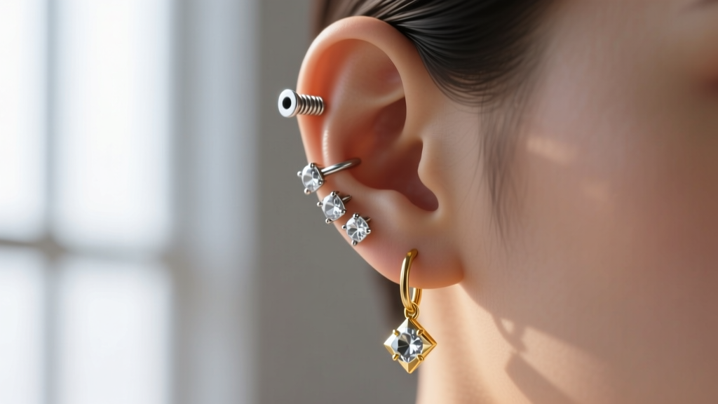 Studio shot of an asymmetrical ear stack with 16g titanium threadless gems and a delicate 14k gold dangle on the lower ear lobe