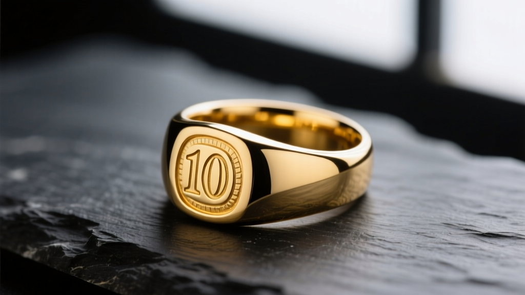 Macro shot of a polished 10 karat yellow gold signet ring on dark slate, showing its warm hue and thick shank in soft light