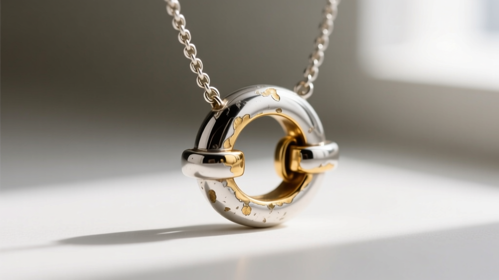 Macro shot of a silver message necklace clasp, showing gold vermeil plating wearing off to reveal the brass base metal underneath