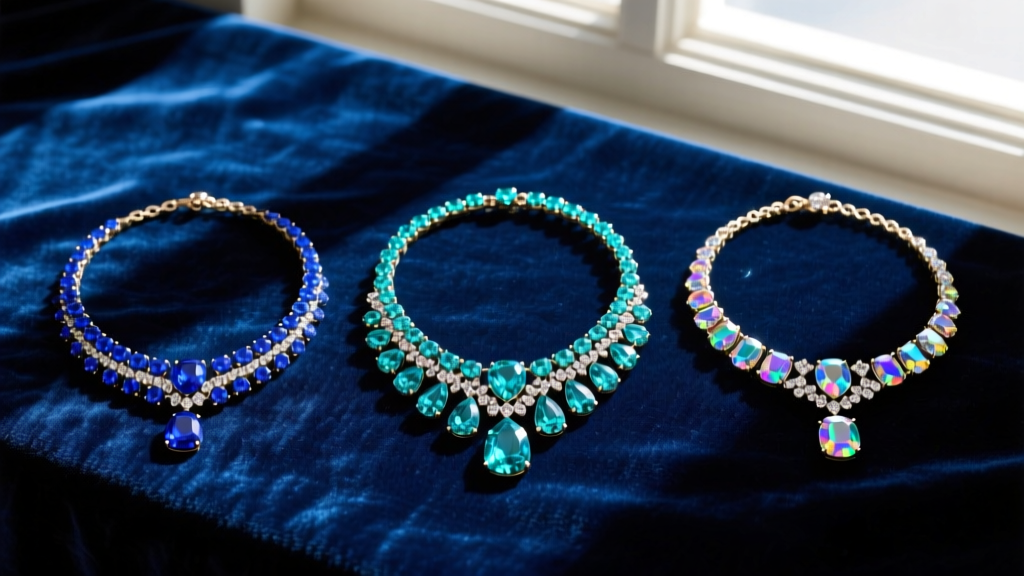 Overhead flat lay of three vintage blue rhinestone necklaces in sapphire, aquamarine, and Aurora Borealis on dark velvet fabric.