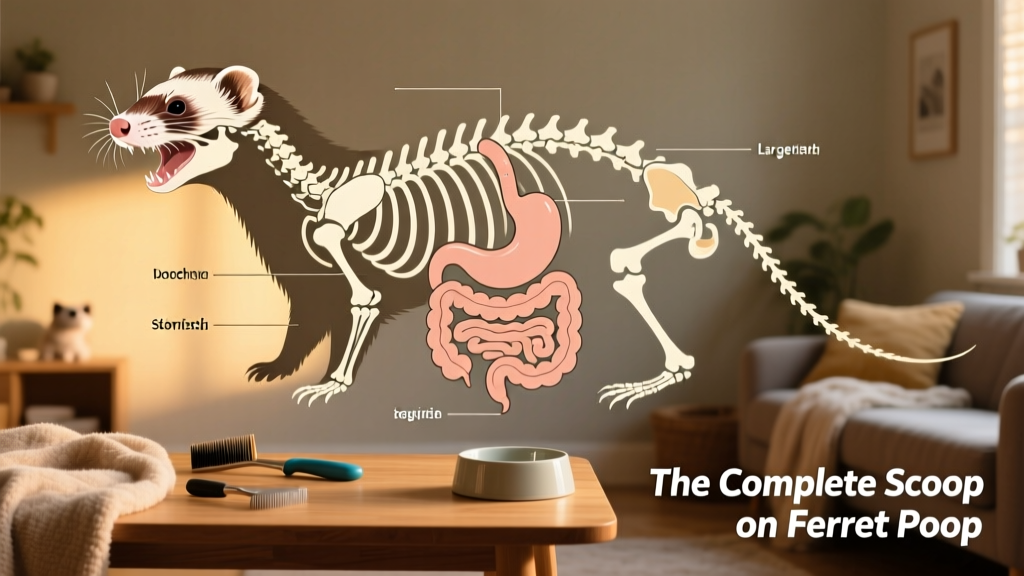 Diagram showing ferret digestive anatomy: mouth, esophagus, stomach, small intestine, large intestine