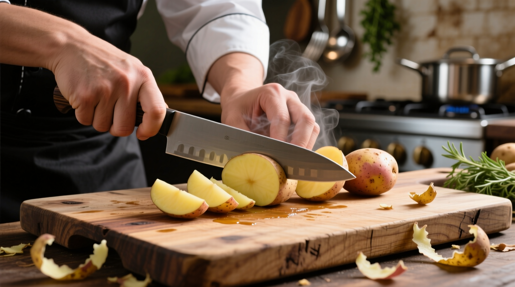 Chef's hands cutting potato wedges on wooden board