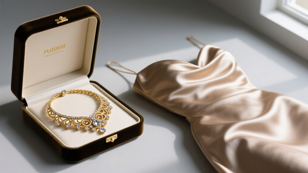 Velvet jewelry box displaying a gold statement bib necklace laid flat on anti-tarnish paper next to a silk strapless evening gown