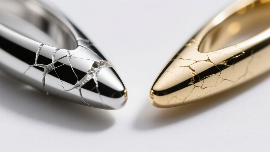 Macro shot of a scratched platinum prong next to a white gold prong, showing metal displacement on platinum versus surface wear