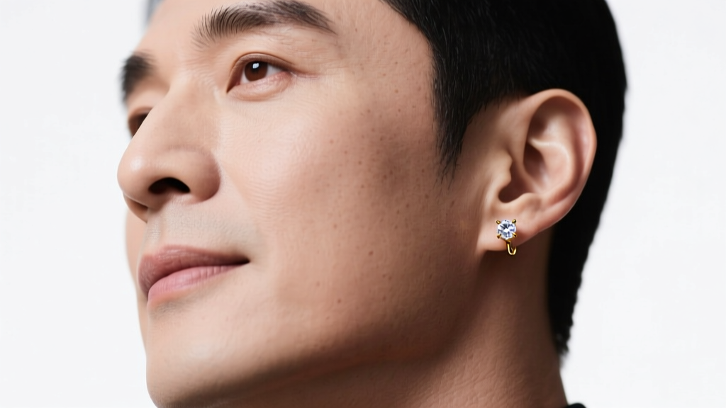 Portrait of a man wearing a subtle 18k gold 3mm diamond stud earring, soft studio lighting, sharp focus on the earlobe and jawline