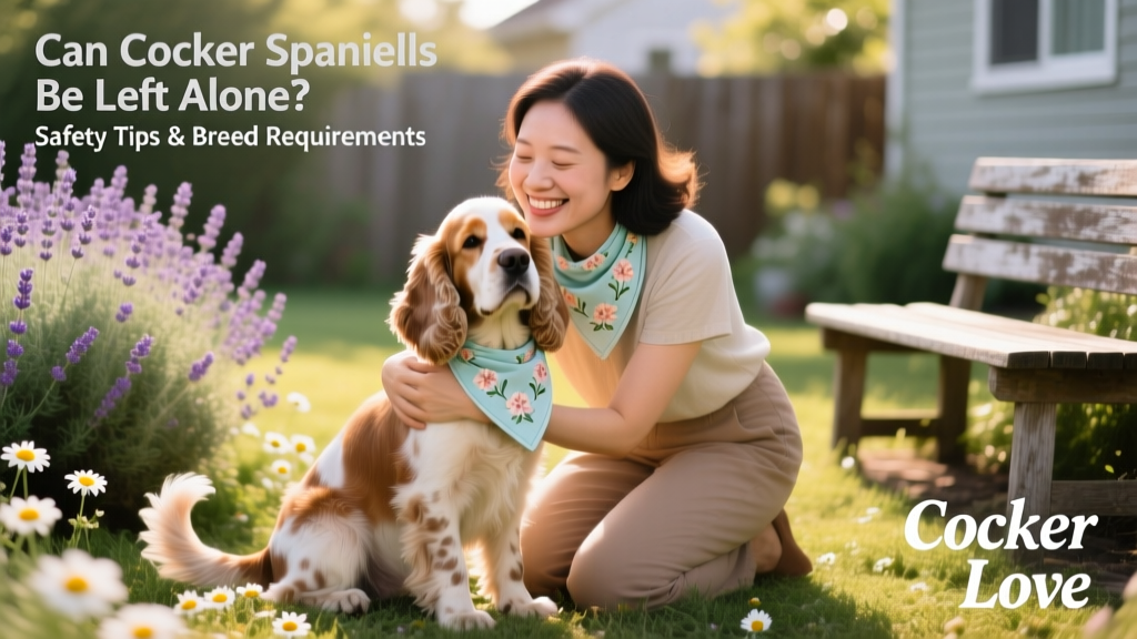 A smiling owner kneeling beside their Cocker Spaniel, both wearing matching bandanas, sharing a peaceful moment in a garden
