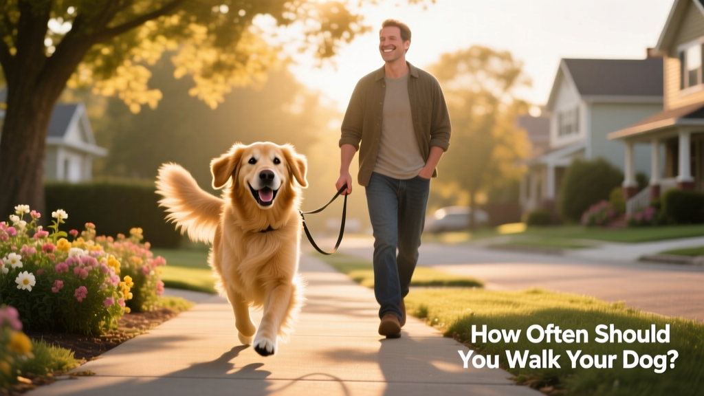 A golden retriever happily walking on a sunny neighborhood sidewalk with its owner