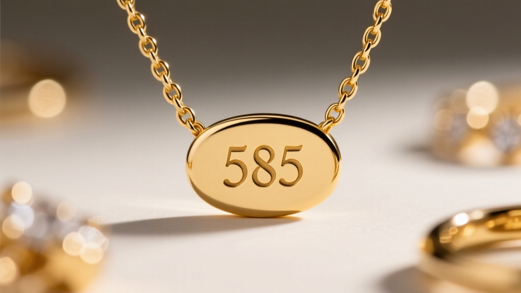 Macro shot of a 14k gold necklace stamp showing the 585 hallmark engraved on a small oval tag near a polished spring ring clasp.