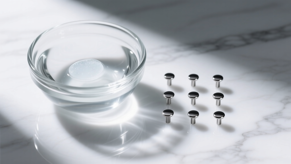 Glass bowl of sterile saline beside titanium flat-back studs on white marble, top-down product shot with bright, even studio light