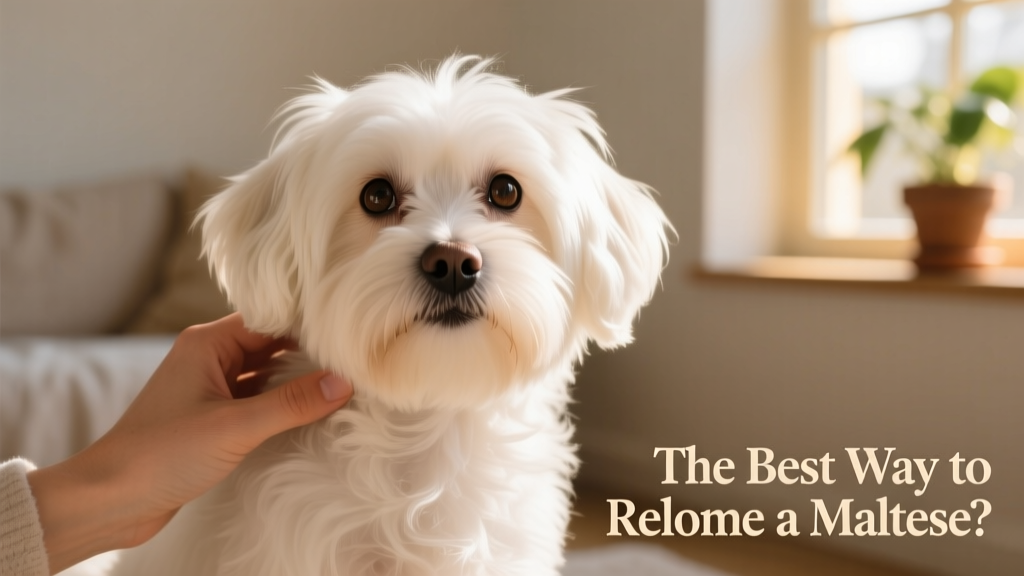 A gentle hand petting a white Maltese with soft, flowing fur