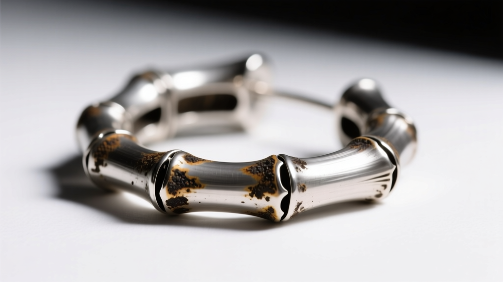 Dark tarnish trapped in the micro-crevices of a bamboo silver earring joint, lit by harsh studio lighting on a white surface.