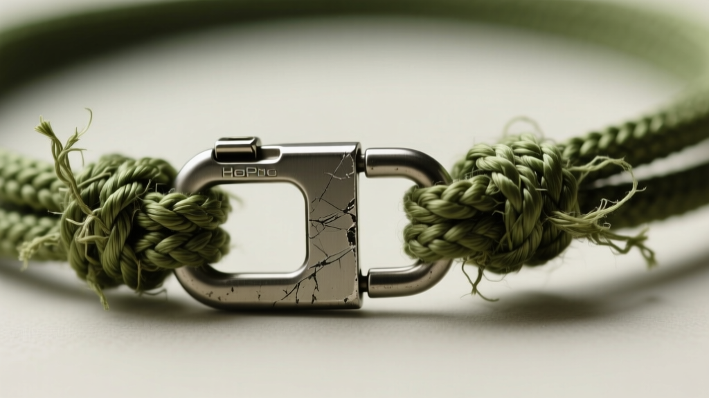Macro view of frayed olive paracord GoPro necklace, revealing inner nylon yarns and a scratched titanium breakaway safety clasp