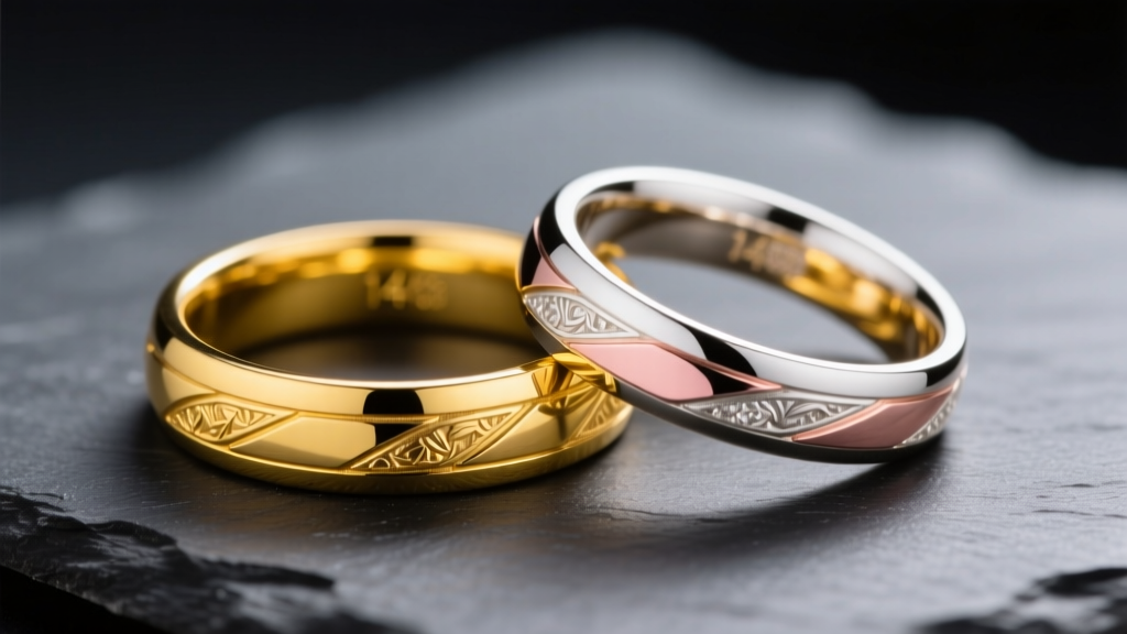 Macro shot of intertwined 14k gold wedding bands in yellow, rose, and white resting on dark slate under soft studio lighting.