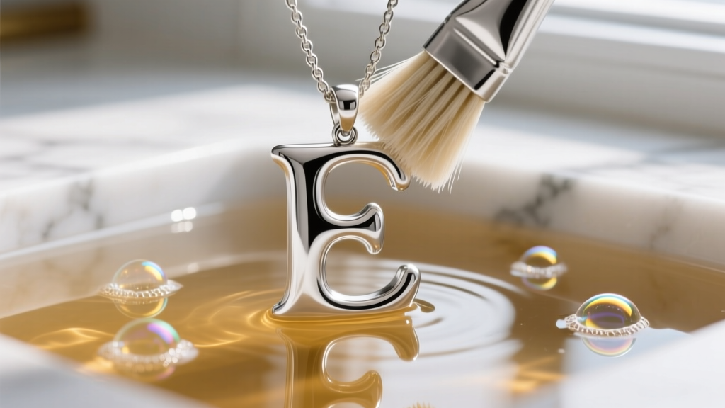 Soft-bristled brush gently scrubbing the crevices of a sterling silver bubble letter pendant submerged in warm soapy water.