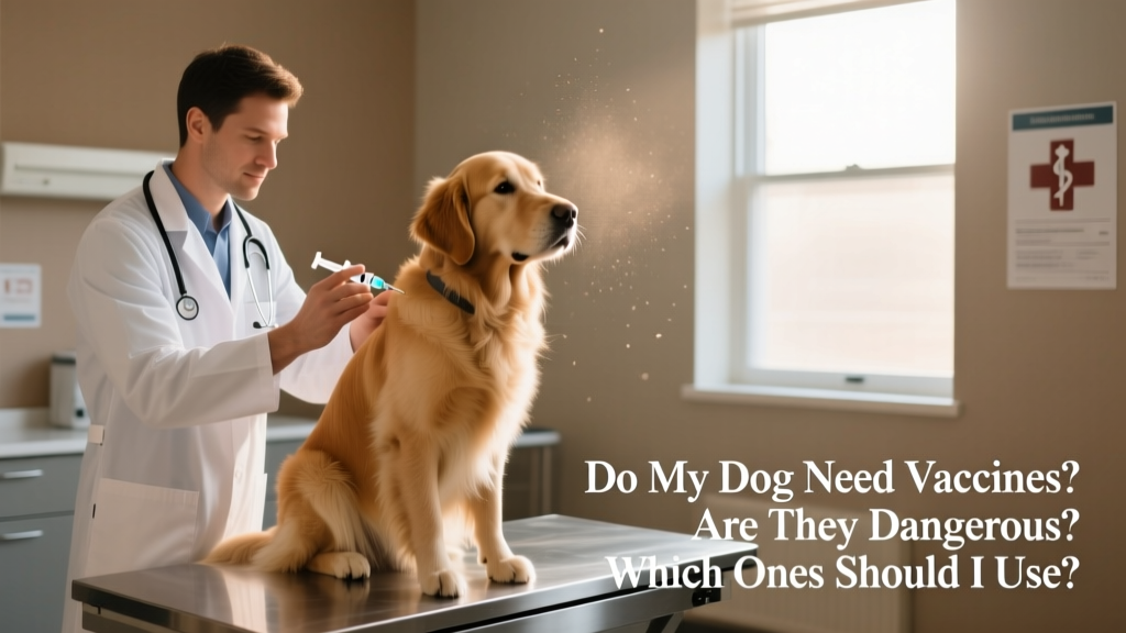 Veterinarian gently administering a vaccine to a calm, seated adult dog in a clean exam room