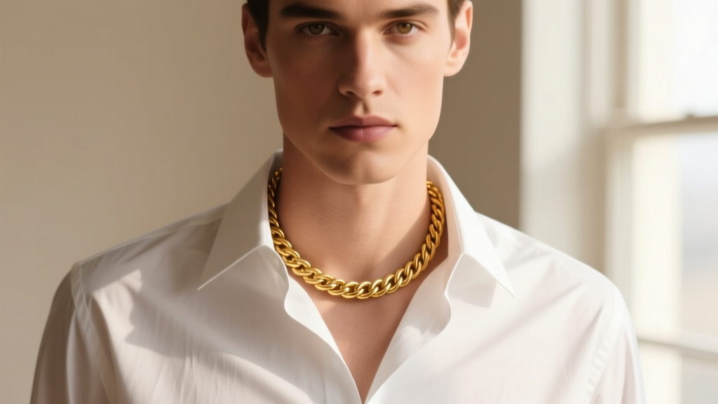 Close-up of a person wearing a crisp white button-down shirt with a 2.5mm 14k gold rope chain resting just above the collarbone.