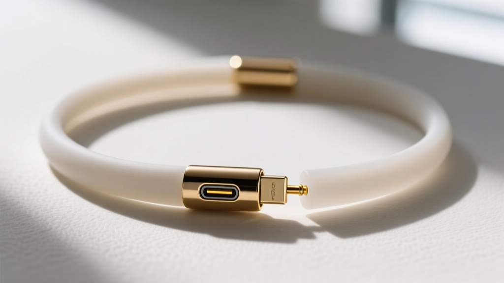 Magnetic charging cable connected to the back of a silicone long distance touch necklace, revealing clean gold pogo-pin contacts.