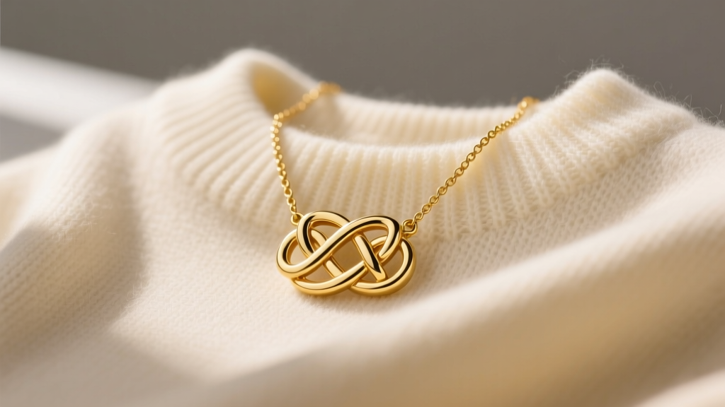 Solid 14k yellow gold Celtic love knot necklace on a wheat chain, draped elegantly over cream-colored cashmere sweater fabric.