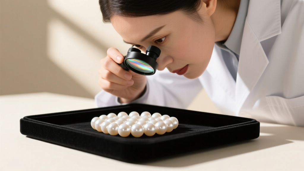 Gemologist using a 10x loupe to inspect nacre thickness and surface blemishes of white Akoya pearls under bright, focused lighting.