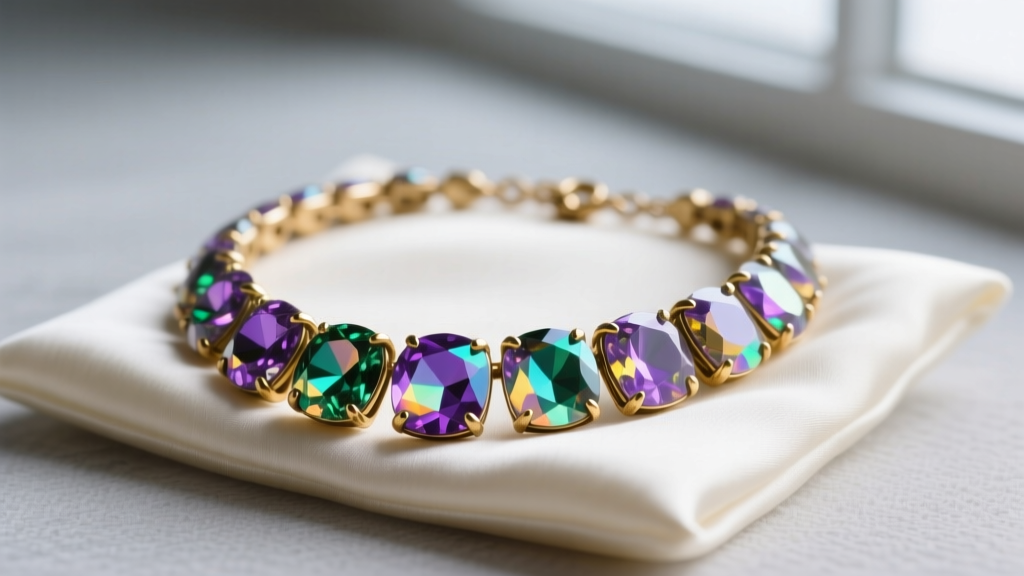 Macro shot of a vintage mid-century Swarovski aurora borealis crystal necklace, showing iridescent coating and brass prongs.