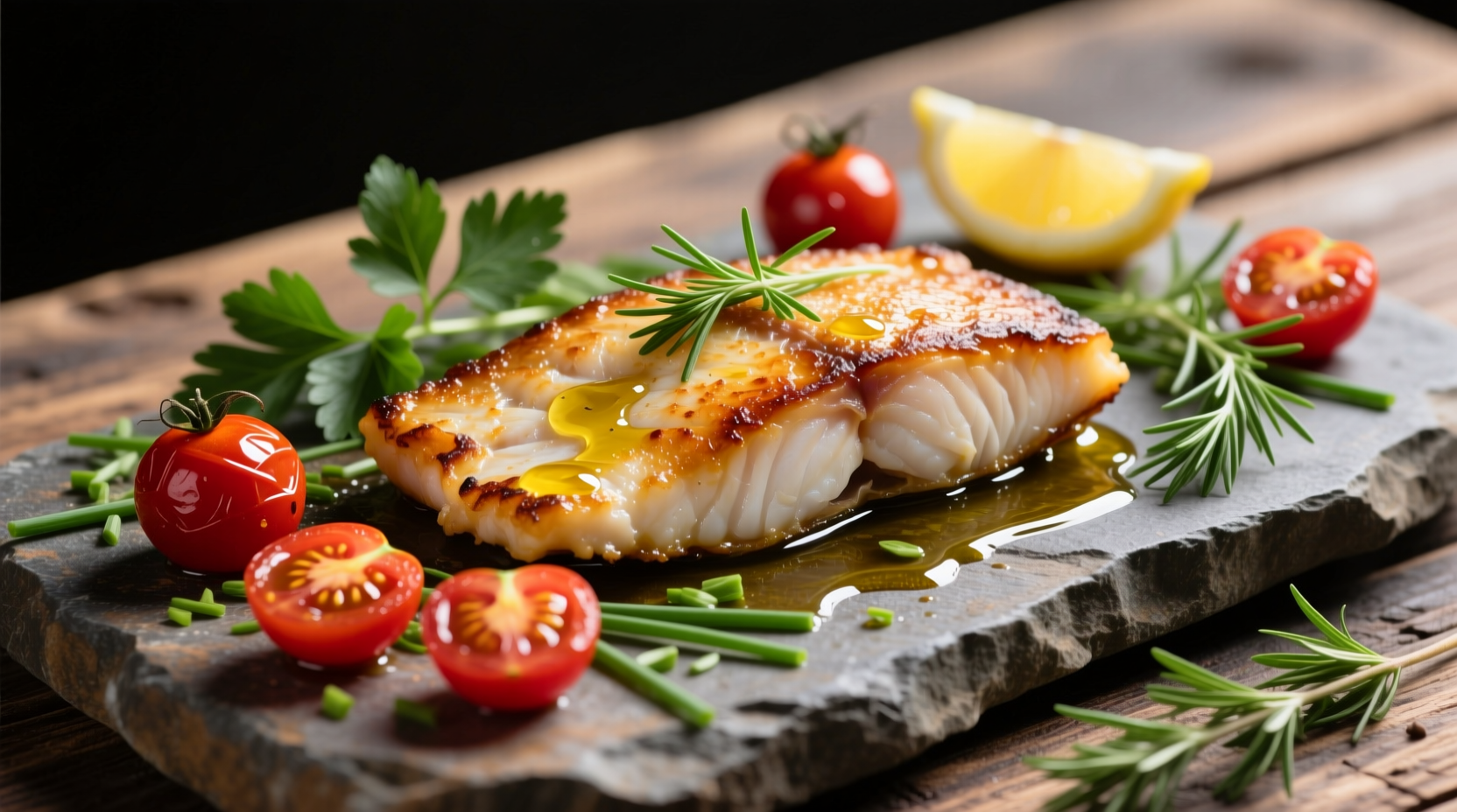 Pan-seared cod with roasted tomatoes and fresh herbs
