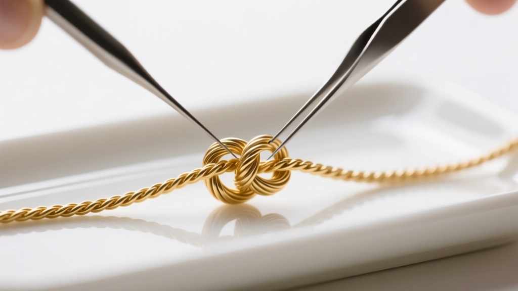 Extreme close-up of a fine gold cable chain knot being untangled using two slender steel beading needles on a white ceramic tray.