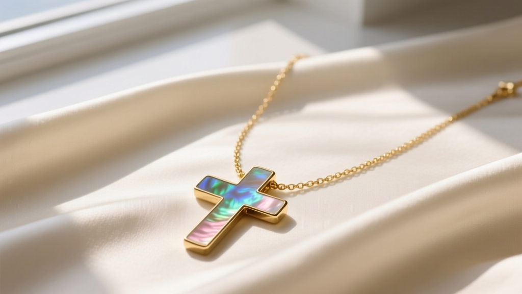Elegant flat lay of a 14k gold mother of pearl cross necklace on cream silk, soft light highlighting the iridescent nacre.