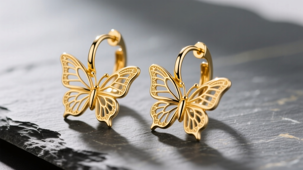 14k yellow gold butterfly hoop earrings on slate showing intricate wing venation and polished finish under warm studio lighting