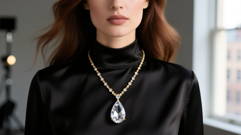 Elegant woman wearing a delicate gold crystal lariat necklace with a clear quartz teardrop pendant against a black silk blouse.