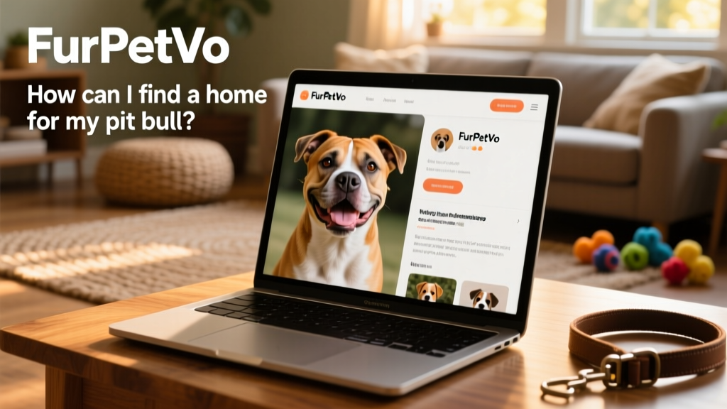 A laptop screen showing a FurPetVo profile page with photos and bio of a happy pit bull