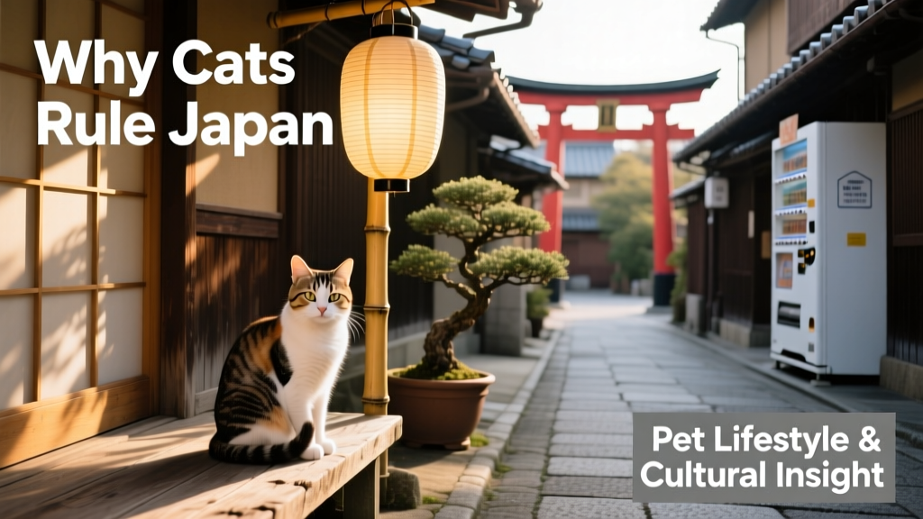A serene Japanese street scene with a calico cat sitting on a wooden porch beside a traditional paper lantern