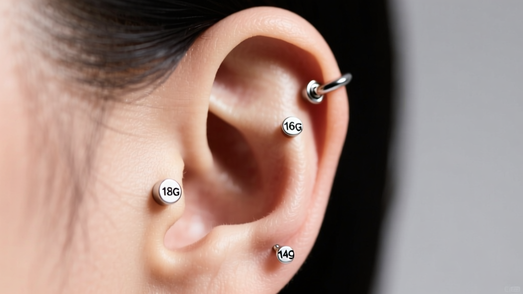 Photo of an ear highlighting lobe, helix, and tragus placements with 18g, 16g, and 14g jewelry sizes shown in bright studio light