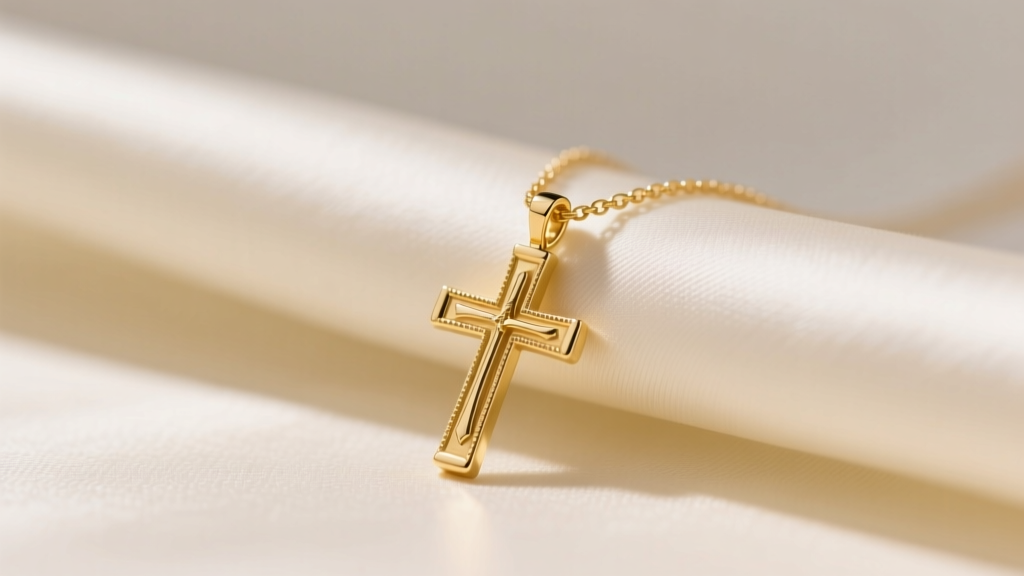 Close-up of a delicate 14k yellow gold miniature cross necklace on cream silk, soft natural lighting highlighting polished edges