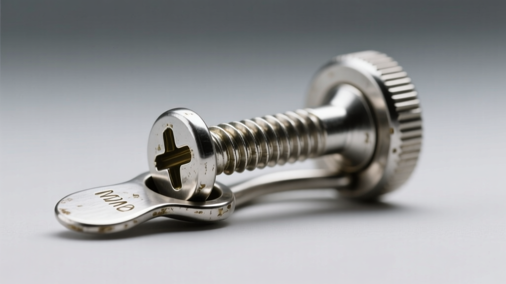Macro shot of a vintage silver screw-back clasp, showing the threaded post and paddle in sharp focus on a soft grey backdrop.