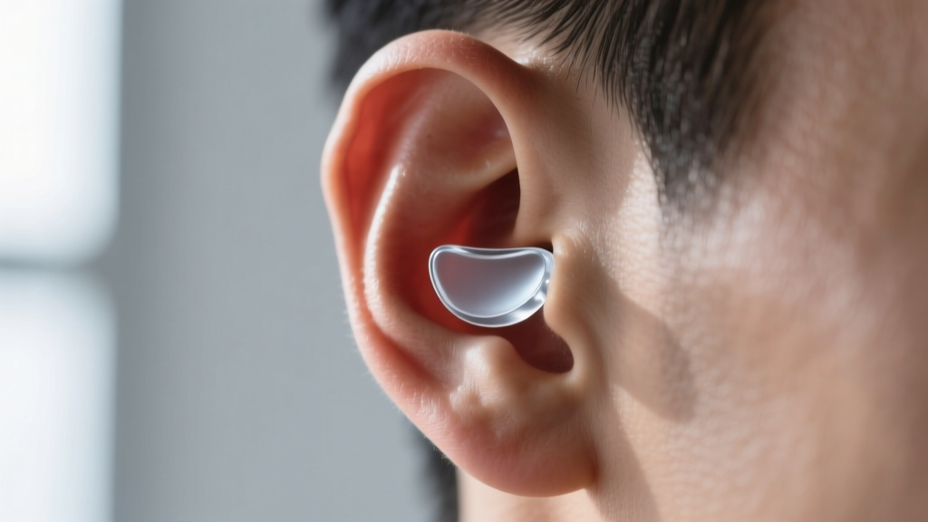 Side profile of an earlobe wearing a flush glass retainer with a flat top, showing zero-protrusion design safe for contact sports