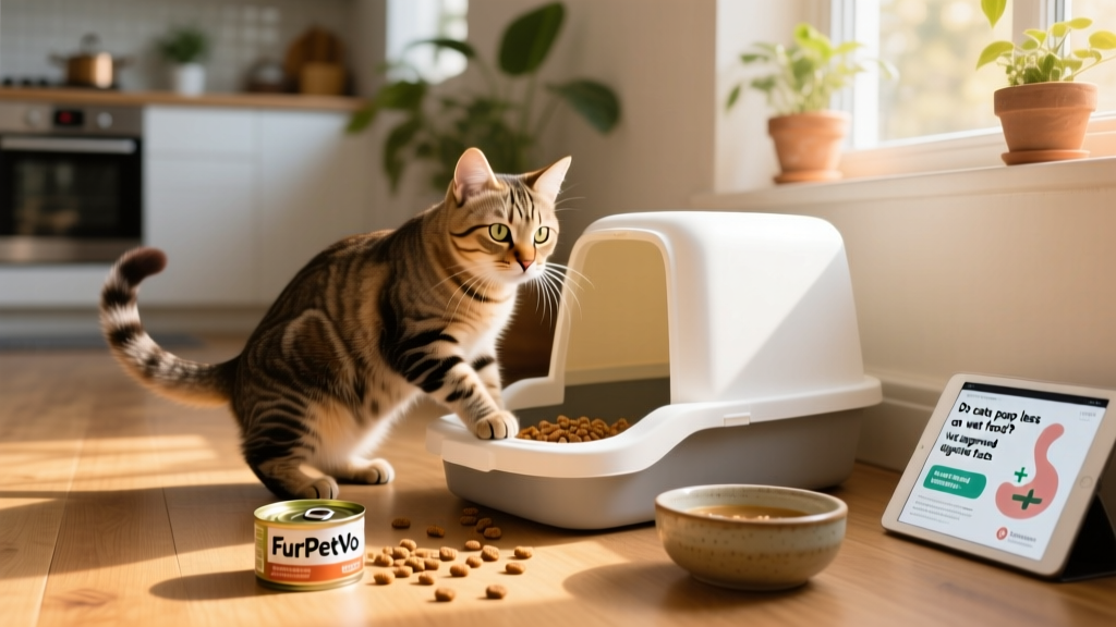 A happy, relaxed cat using a clean litter box after eating a meal of FurPetVo wet food