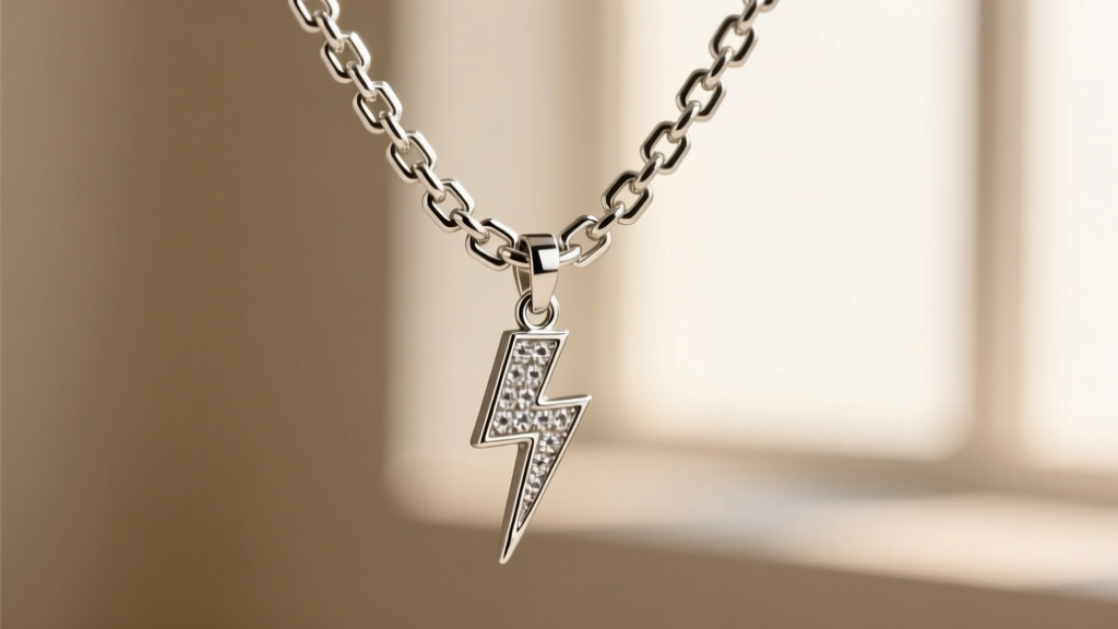 Close-up of a 1.5mm silver box chain threading through a soldered bail of a lightning bolt pendant, showing interlocking square links