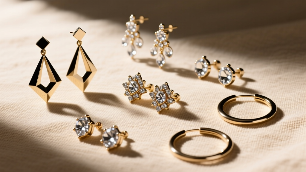 Flat lay of various earring silhouettes including geometric dangles and chandelier studs, arranged on textured beige linen fabric.