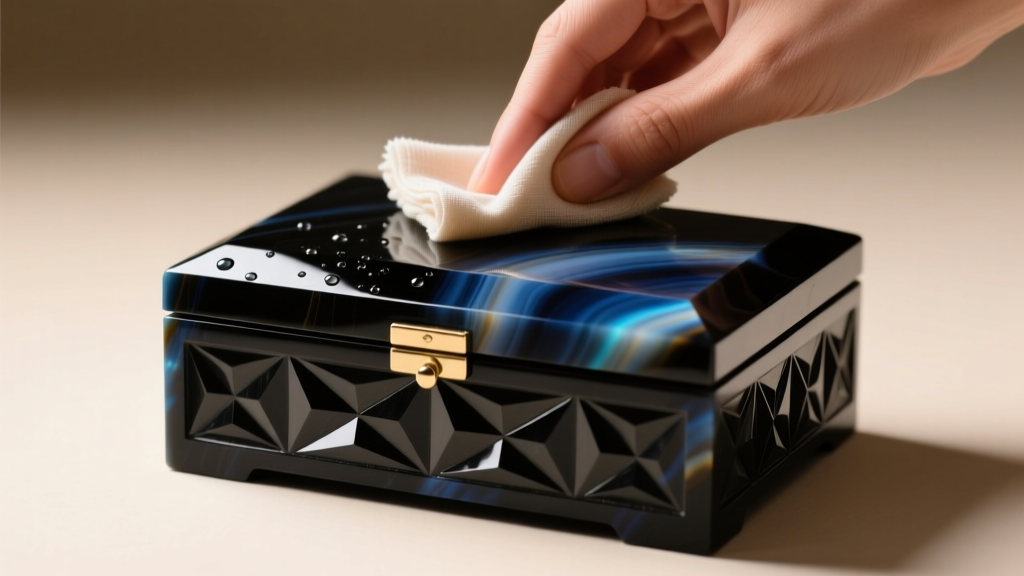 Hands gently wiping the lid of a carved onyx jewelry box with a damp microfiber cloth, showing the stone's natural white banding.
