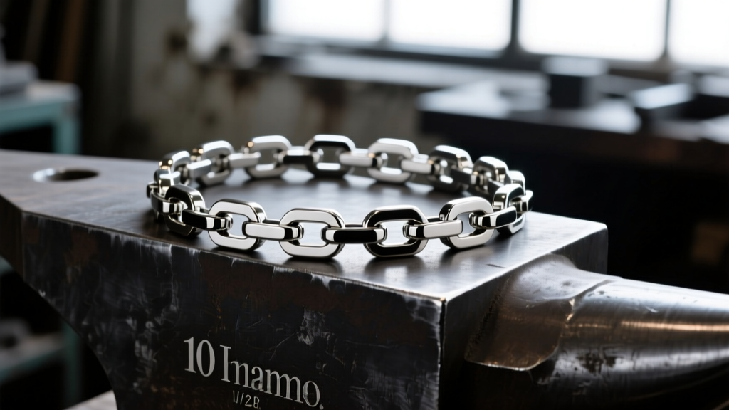 Close-up of a thick 10mm solid titanium Franco chain necklace resting on a dark anvil, showcasing heavy-duty interlocking links.