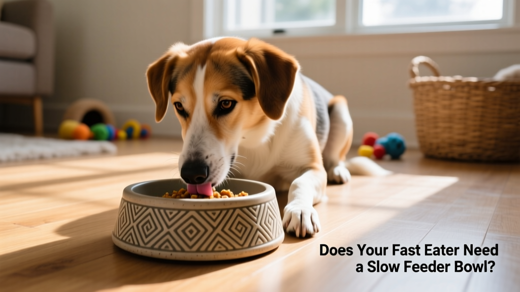 A dog calmly licking food from a textured slow feeder bowl