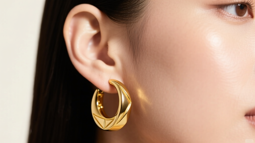 Close-up of a model wearing an interconnected 14k yellow gold double hoop earring in the lobe, soft studio lighting