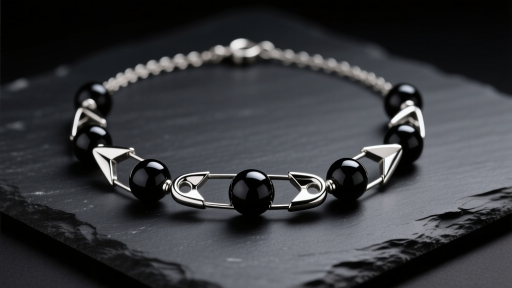 DIY safety pin necklace on dark slate, featuring 316L stainless steel pins and black onyx beads under soft studio lighting.